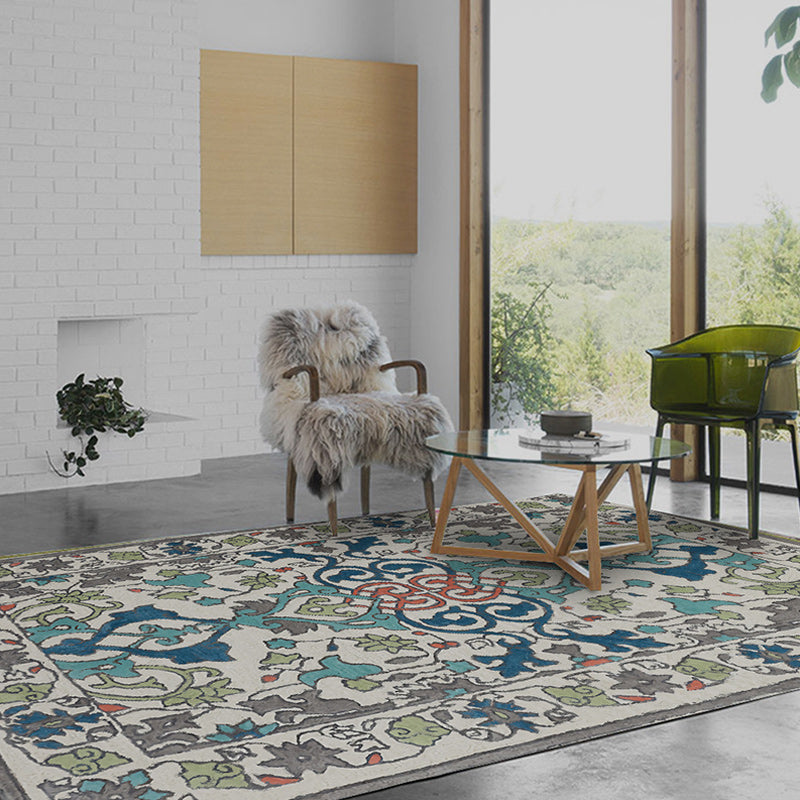 Lisslune | Moroccan living room wallpaper in ivory leaf pattern printed carpet polyester non-slip rug