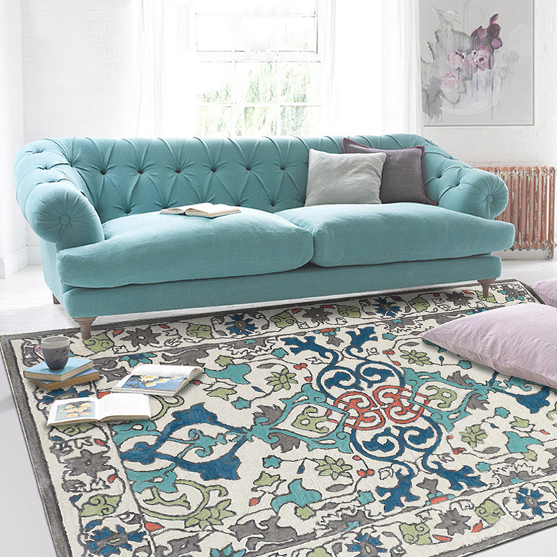 Lisslune | Moroccan living room wallpaper in ivory leaf pattern printed carpet polyester non-slip rug