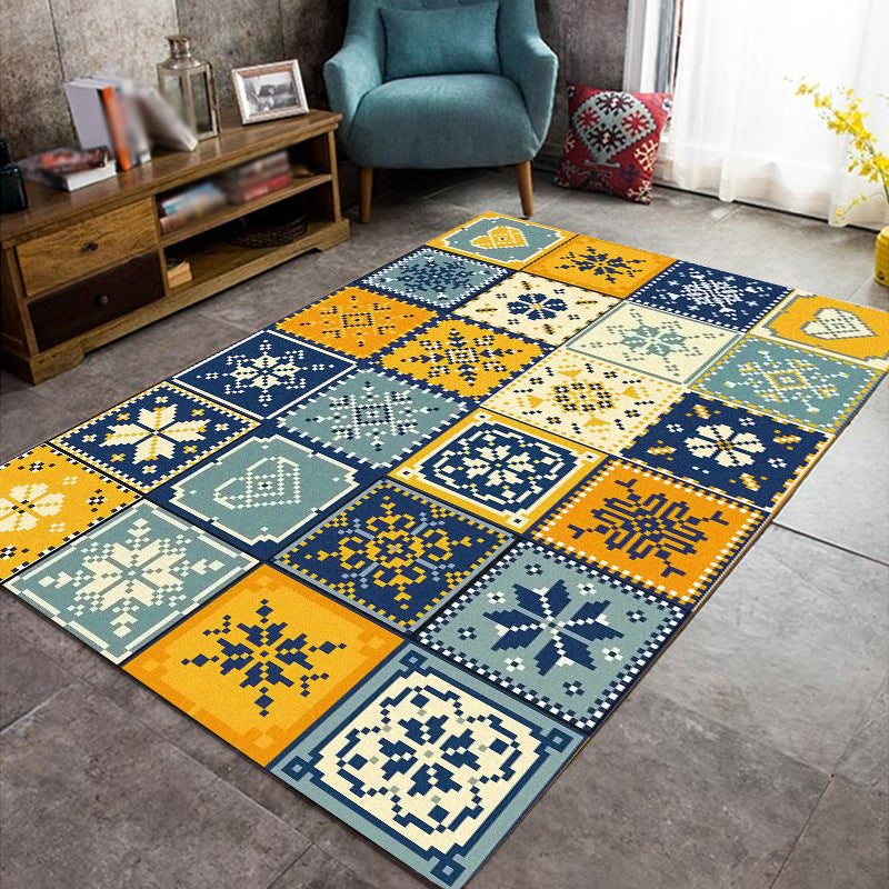 Lisslune | Moroccan Living Room Rug in Yellow and Blue Geometric Snowflake Dots Print Rug Polyester Non-Slip Rug