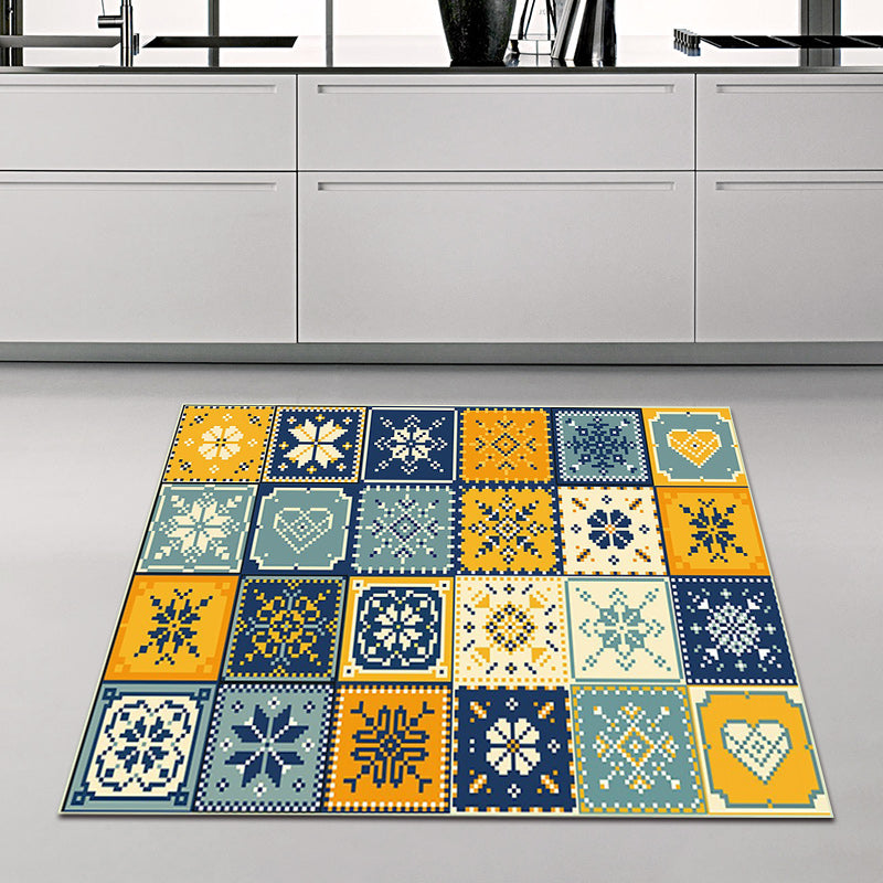 Lisslune | Moroccan Living Room Rug in Yellow and Blue Geometric Snowflake Dots Print Rug Polyester Non-Slip Rug