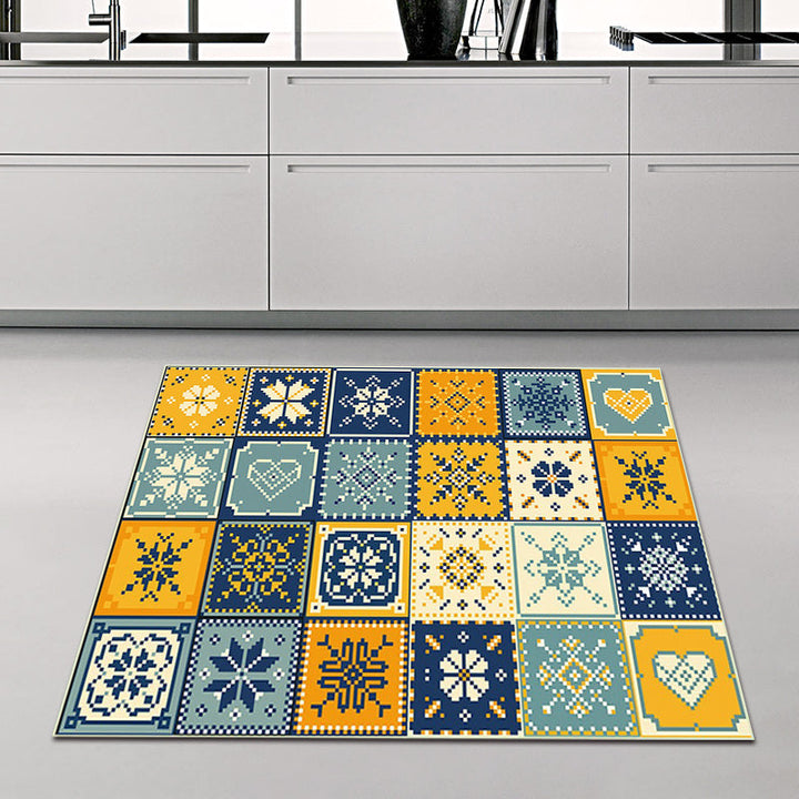 Lisslune | Moroccan Living Room Rug in Yellow and Blue Geometric Snowflake Dots Print Rug Polyester Non-Slip Rug