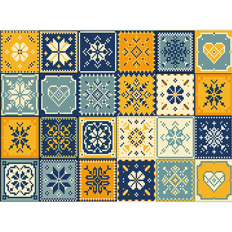 Lisslune | Moroccan Living Room Rug in Yellow and Blue Geometric Snowflake Dots Print Rug Polyester Non-Slip Rug
