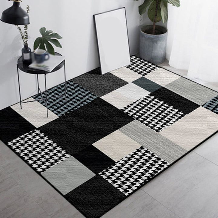 Lisslune | Moroccan living room rug in black and white houndstooth rectangular pattern rug polyester non-slip rug