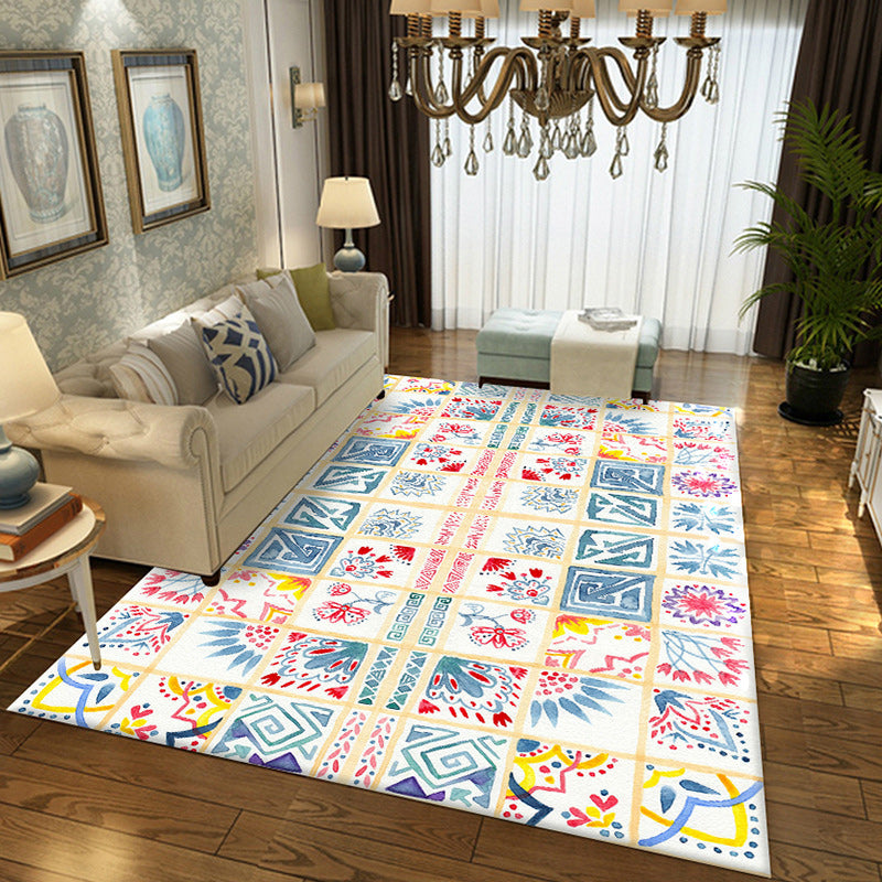 Lisslune | Yellow Moroccan carpet Polyester flowers Greek key square pattern rug non-slip rug for bedroom