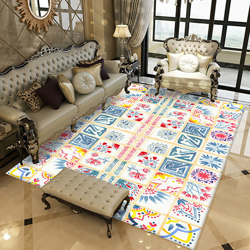 Lisslune | Yellow Moroccan carpet Polyester flowers Greek key square pattern rug non-slip rug for bedroom