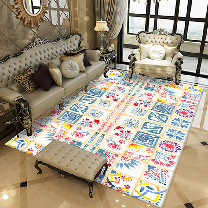 Lisslune | Yellow Moroccan carpet Polyester flowers Greek key square pattern rug non-slip rug for bedroom