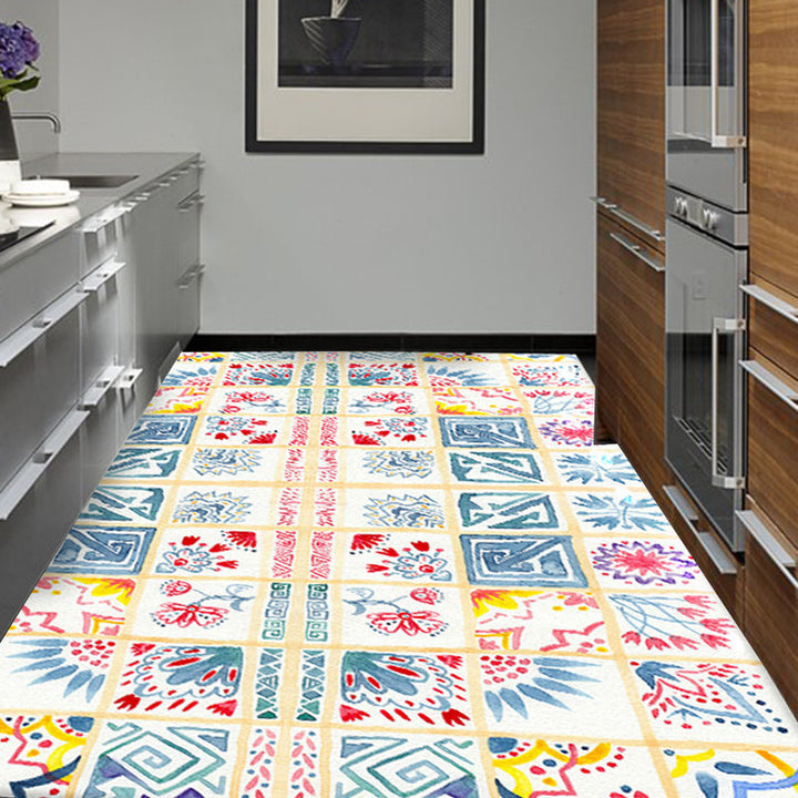 Lisslune | Yellow Moroccan carpet Polyester flowers Greek key square pattern rug non-slip rug for bedroom