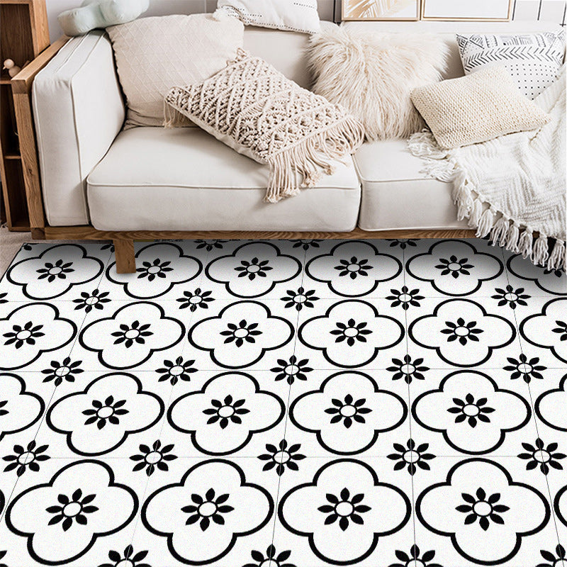 Lisslune | Moroccan living room rug in white floral square pattern rug polyester non-slip area rug
