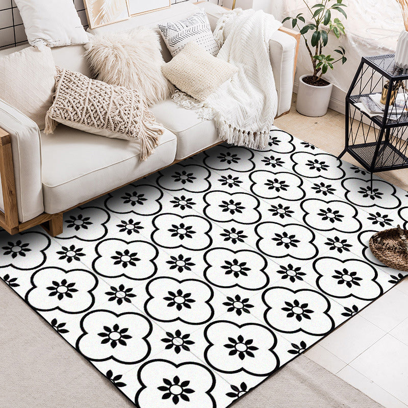 Lisslune | Moroccan living room rug in white floral square pattern rug polyester non-slip area rug