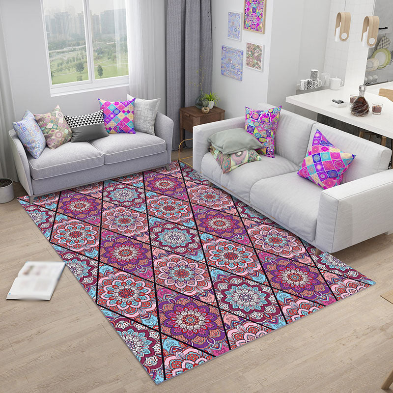 Lisslune | Purple Bedroom Rug Moroccan Floral Diamond Pattern Rug Polyester Non-Slip Back Rug