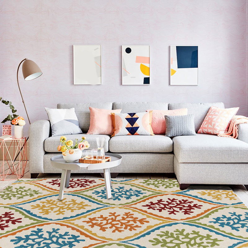 Lisslune | Persian Leaf Branch Pattern Rug in Ivory Moroccan Rug Polyester Non-Slip Back Rug for Bedroom