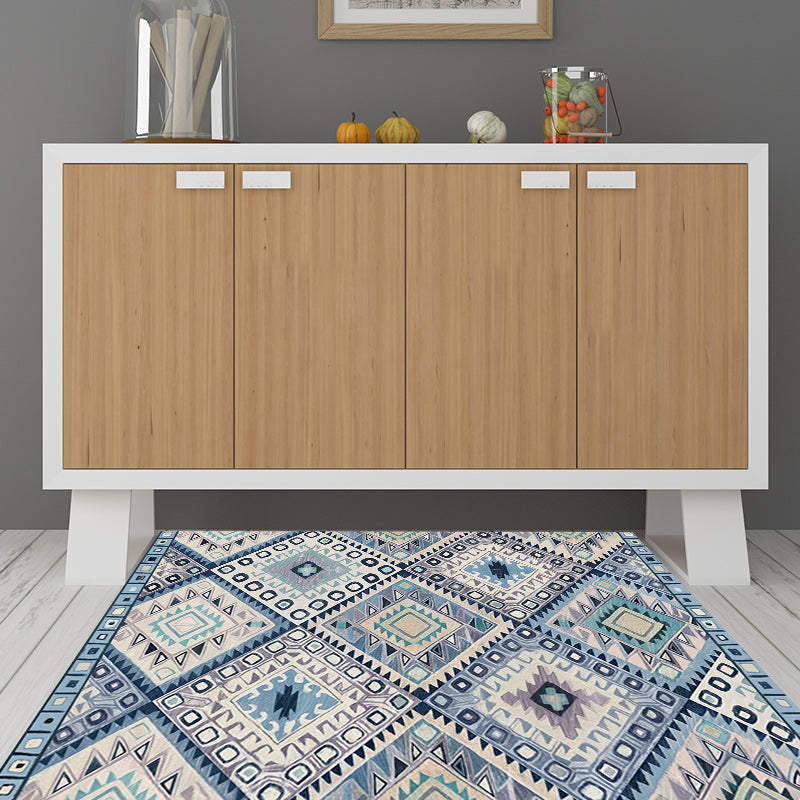 Lisslune | Persian Moroccan carpet in blue and white geometric triangle diamond print carpet polyester non-slip carpet for home decor