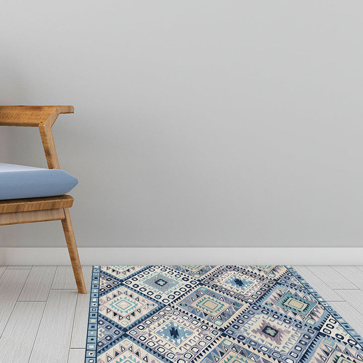 Lisslune | Persian Moroccan carpet in blue and white geometric triangle diamond print carpet polyester non-slip carpet for home decor