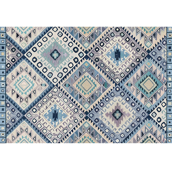 Lisslune | Persian Moroccan carpet in blue and white geometric triangle diamond print carpet polyester non-slip carpet for home decor