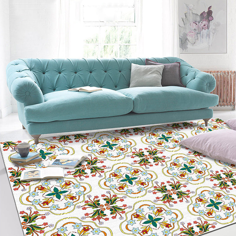 Lisslune | White Bedroom Rug Moroccan Geometric Flower Leaf Pattern Rug Polyester Non-Slip Rug