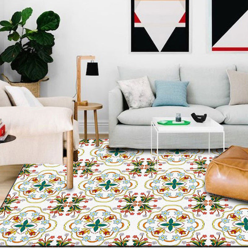 Lisslune | White Bedroom Rug Moroccan Geometric Flower Leaf Pattern Rug Polyester Non-Slip Rug