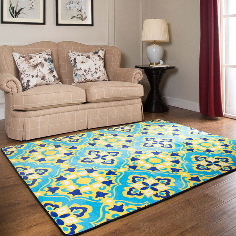 Lisslune | Moroccan Living Room Wallpaper in Blue Geometric Floral Design Carpet Polyester Non-Slip Area Rug