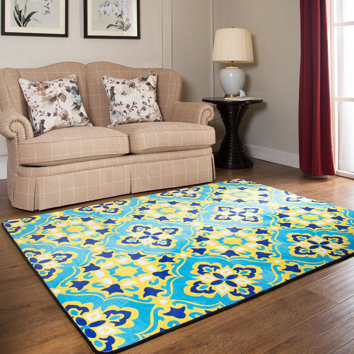 Lisslune | Moroccan Living Room Wallpaper in Blue Geometric Floral Design Carpet Polyester Non-Slip Area Rug