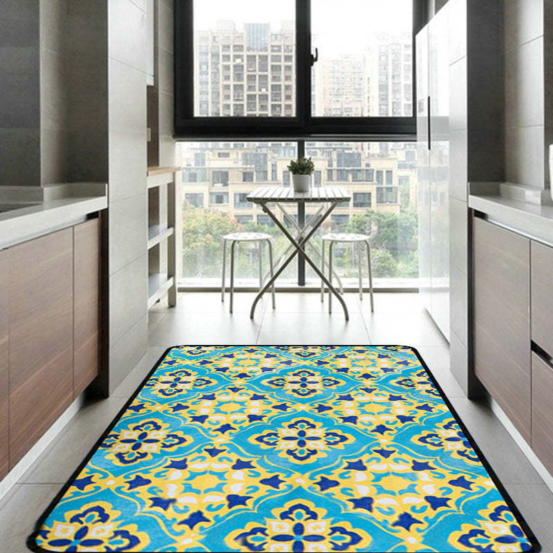 Lisslune | Moroccan Living Room Wallpaper in Blue Geometric Floral Design Carpet Polyester Non-Slip Area Rug