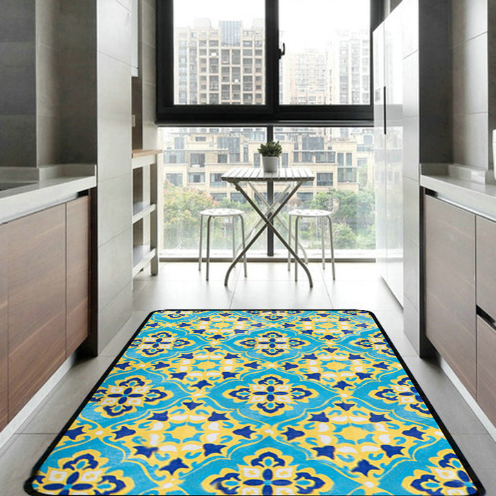 Lisslune | Moroccan Living Room Wallpaper in Blue Geometric Floral Design Carpet Polyester Non-Slip Area Rug