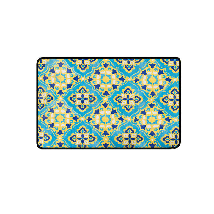 Lisslune | Moroccan Living Room Wallpaper in Blue Geometric Floral Design Carpet Polyester Non-Slip Area Rug