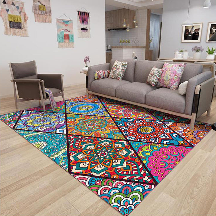 Lisslune | Colorful Bedroom Rug Moroccan Floral Diamond Dot Pattern Rug Polyester Machine Washable Non-Slip Backing Rug for Living Room
