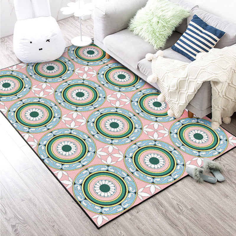 Lisslune | Moroccan Flower Circle Pattern Rug in Pink Polyester Floor Mat with Non-Slip Back Rug for Living Room