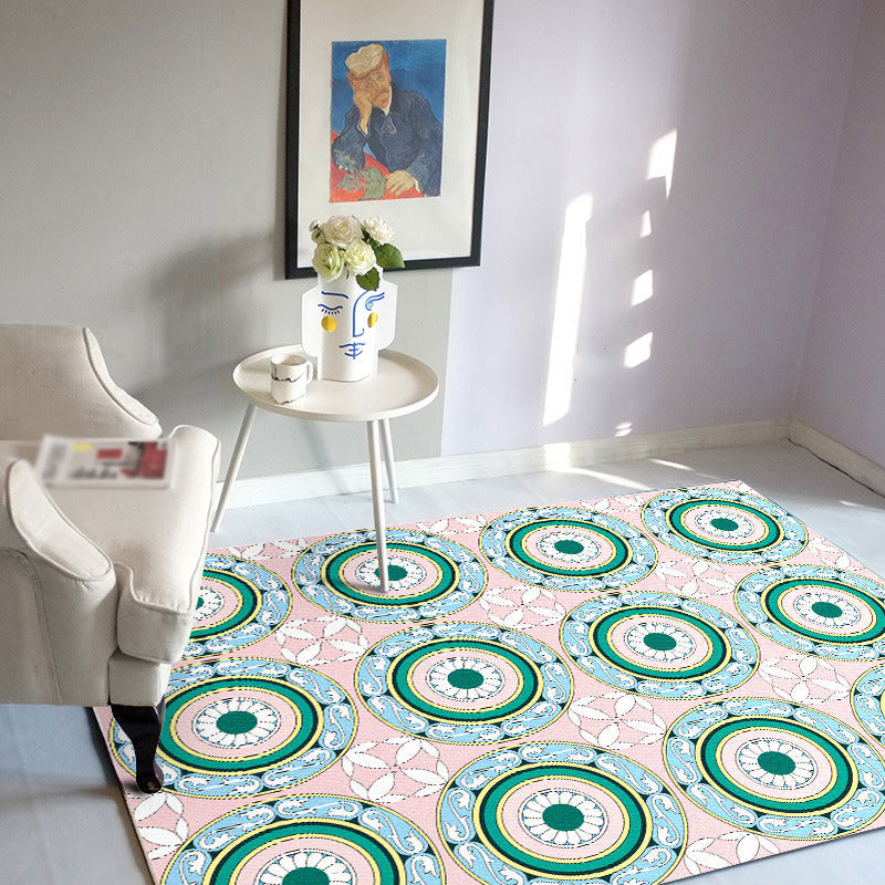 Lisslune | Moroccan Flower Circle Pattern Rug in Pink Polyester Floor Mat with Non-Slip Back Rug for Living Room