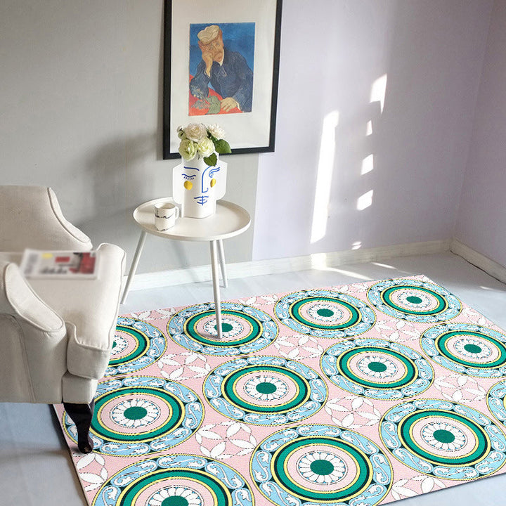 Lisslune | Moroccan Flower Circle Pattern Rug in Pink Polyester Floor Mat with Non-Slip Back Rug for Living Room