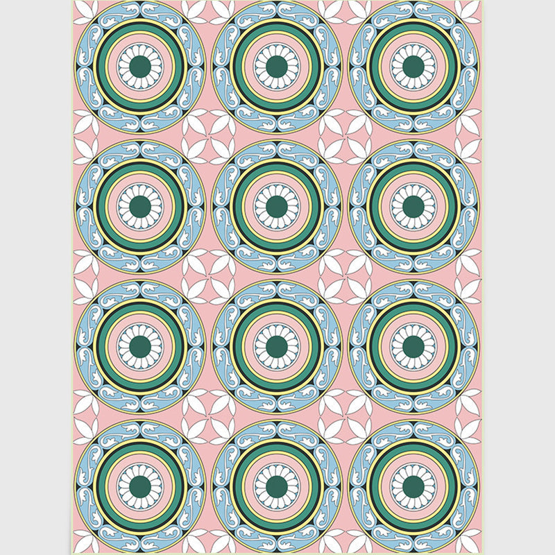 Lisslune | Moroccan Flower Circle Pattern Rug in Pink Polyester Floor Mat with Non-Slip Back Rug for Living Room