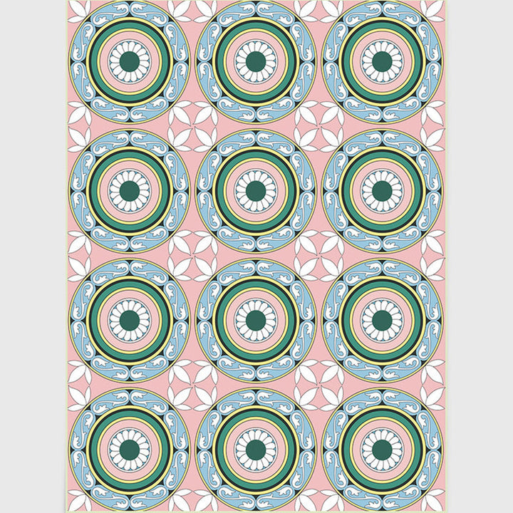 Lisslune | Moroccan Flower Circle Pattern Rug in Pink Polyester Floor Mat with Non-Slip Back Rug for Living Room