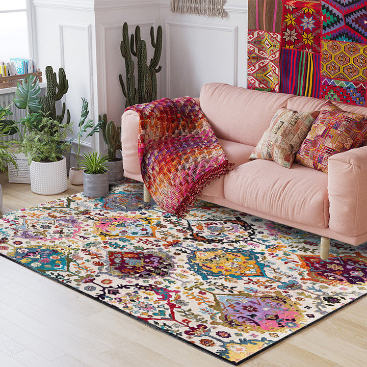 Lisslune | Moroccan living room rug in white petal pattern polyester non-slip doormat
