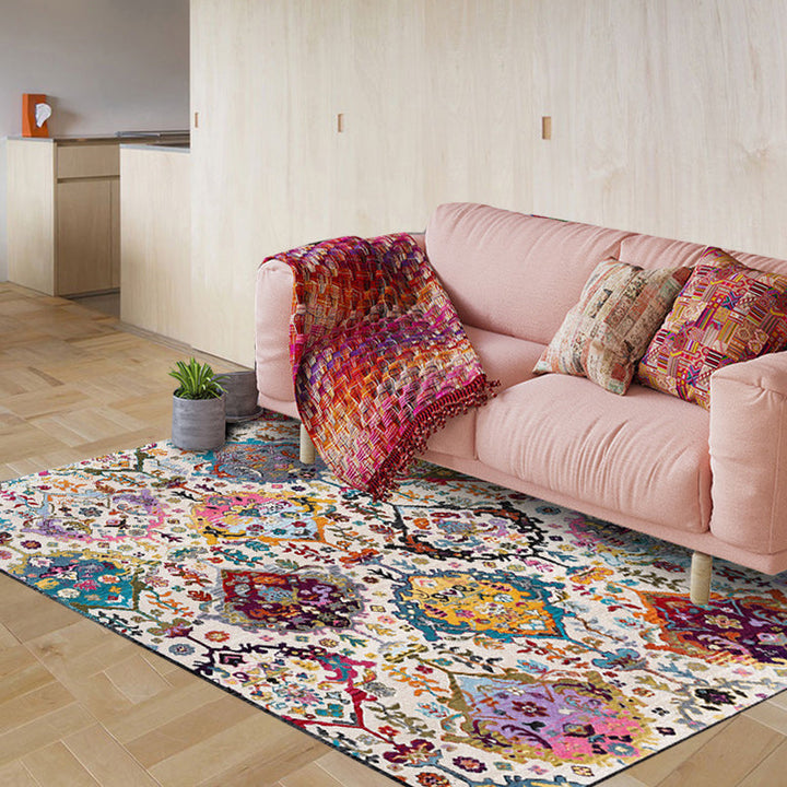 Lisslune | Moroccan living room rug in white petal pattern polyester non-slip doormat