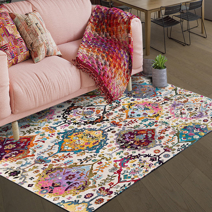 Lisslune | Moroccan living room rug in white petal pattern polyester non-slip doormat