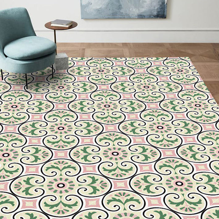 Lisslune | Persian Moroccan rug in ivory leaf circle square print rug polyester non-slip rug for home decoration