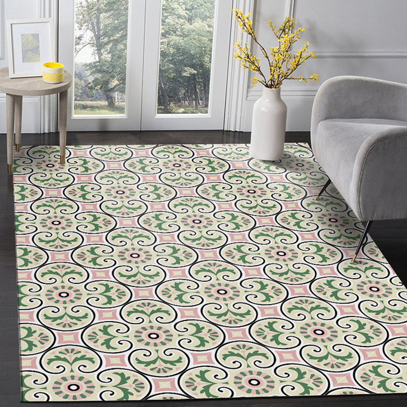 Lisslune | Persian Moroccan rug in ivory leaf circle square print rug polyester non-slip rug for home decoration
