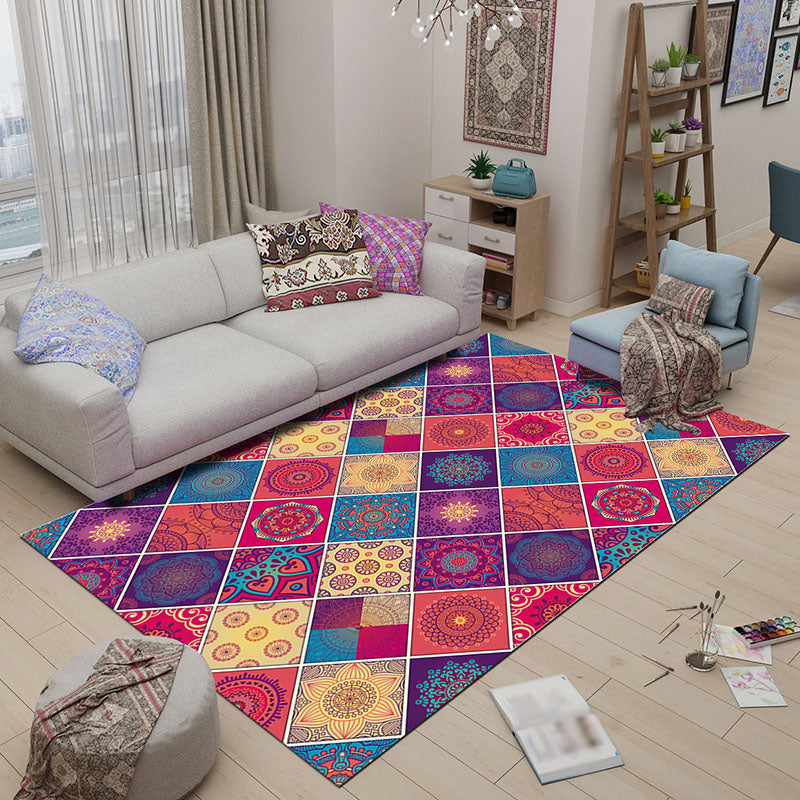 Lisslune | Mediterranean-Moroccan diamond pattern multicolored floral square rug made of polyester non-slip mat for the living room