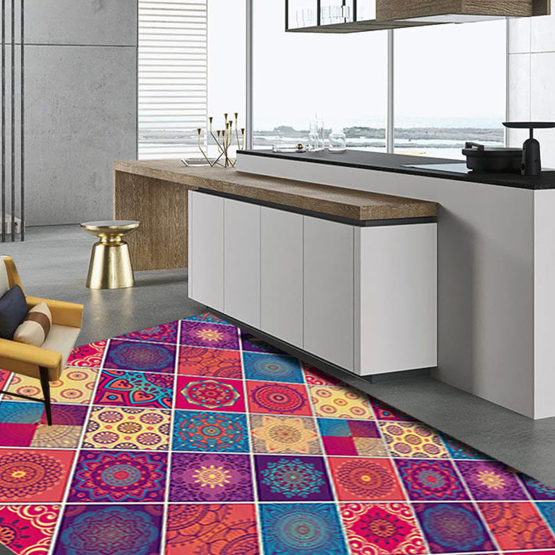 Lisslune | Mediterranean-Moroccan diamond pattern multicolored floral square rug made of polyester non-slip mat for the living room