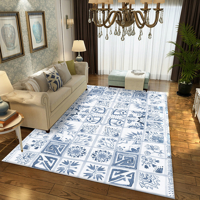 Lisslune | Oriental Flower Square Pattern Carpet in White Moroccan Carpet Polyester Non-Slip Back Carpet for Bedroom