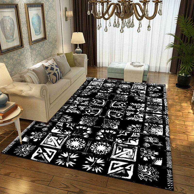 Lisslune | Oriental Flower Square Pattern Carpet in White Moroccan Carpet Polyester Non-Slip Back Carpet for Bedroom