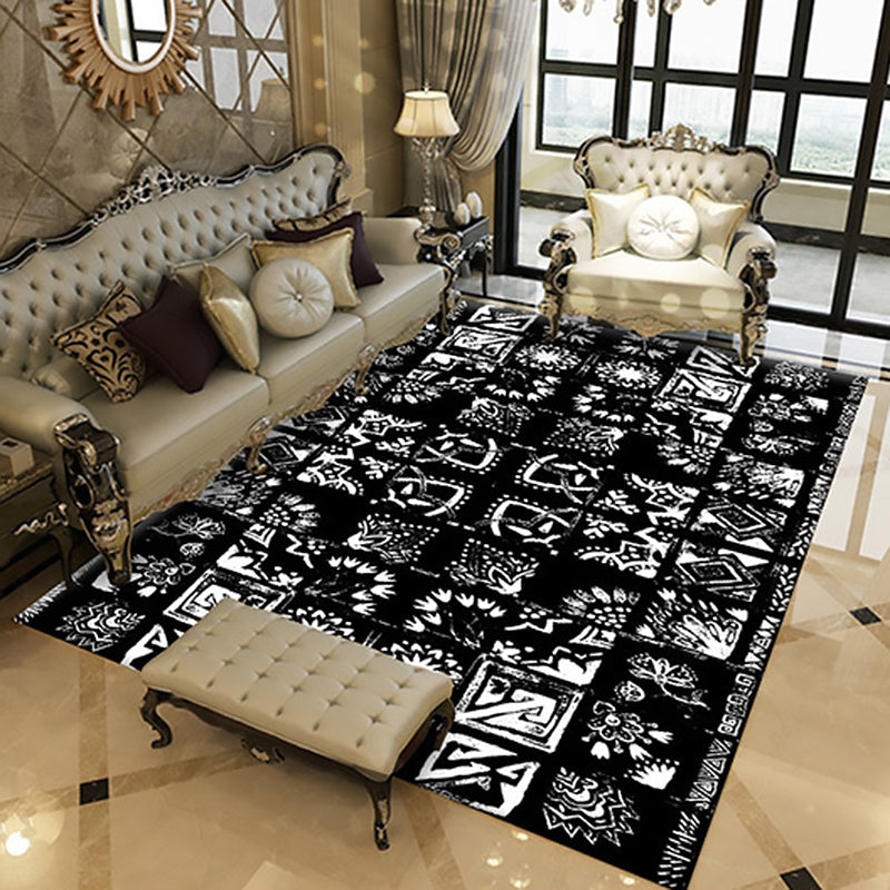 Lisslune | Oriental Flower Square Pattern Carpet in White Moroccan Carpet Polyester Non-Slip Back Carpet for Bedroom