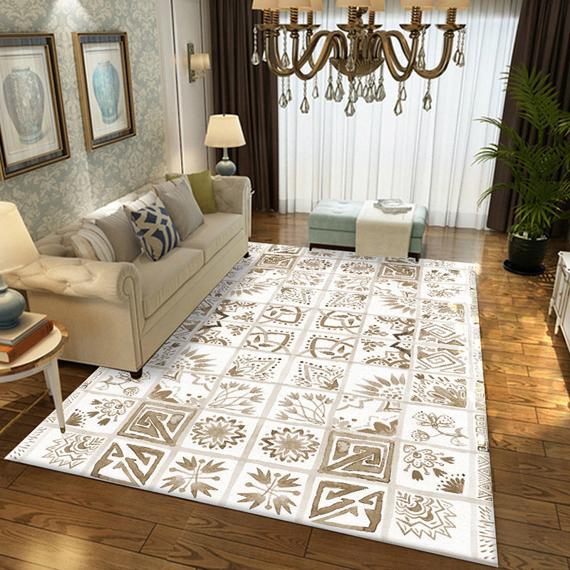 Lisslune | Oriental Flower Square Pattern Carpet in White Moroccan Carpet Polyester Non-Slip Back Carpet for Bedroom