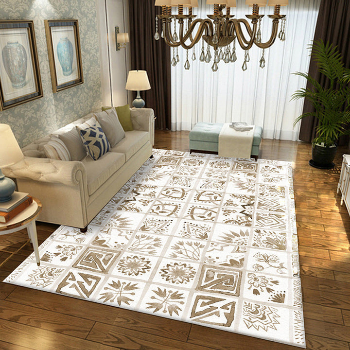 Lisslune | Oriental Flower Square Pattern Carpet in White Moroccan Carpet Polyester Non-Slip Back Carpet for Bedroom