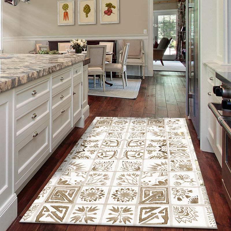 Lisslune | Oriental Flower Square Pattern Carpet in White Moroccan Carpet Polyester Non-Slip Back Carpet for Bedroom