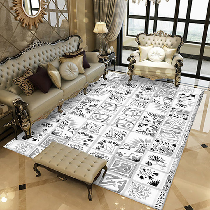 Lisslune | Oriental Flower Square Pattern Carpet in White Moroccan Carpet Polyester Non-Slip Back Carpet for Bedroom