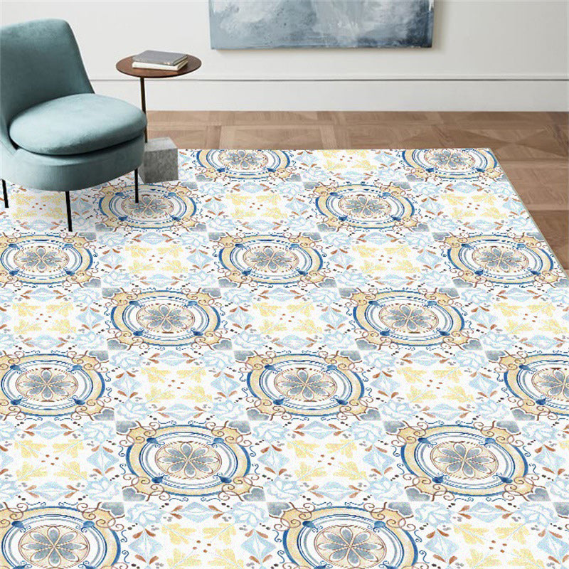 Lisslune | Moroccan living room rug in blue and yellow floral circle print carpet polyester non-slip rug