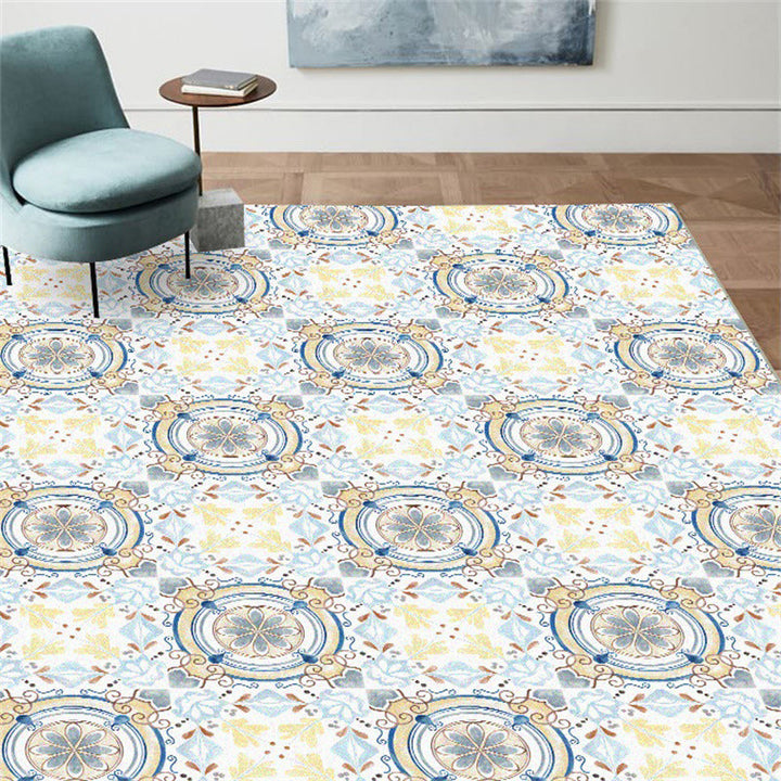 Lisslune | Moroccan living room rug in blue and yellow floral circle print carpet polyester non-slip rug