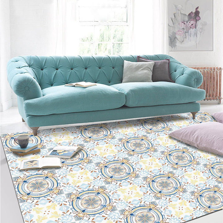 Lisslune | Moroccan living room rug in blue and yellow floral circle print carpet polyester non-slip rug