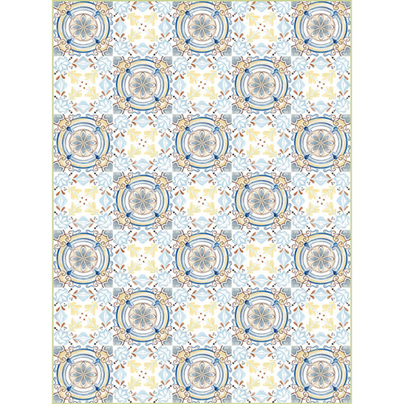 Lisslune | Moroccan living room rug in blue and yellow floral circle print carpet polyester non-slip rug