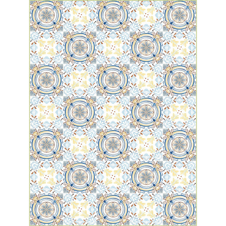 Lisslune | Moroccan living room rug in blue and yellow floral circle print carpet polyester non-slip rug